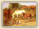 Ponies, Donkey, and Ducks in a Farmyard by Edgar Hunt